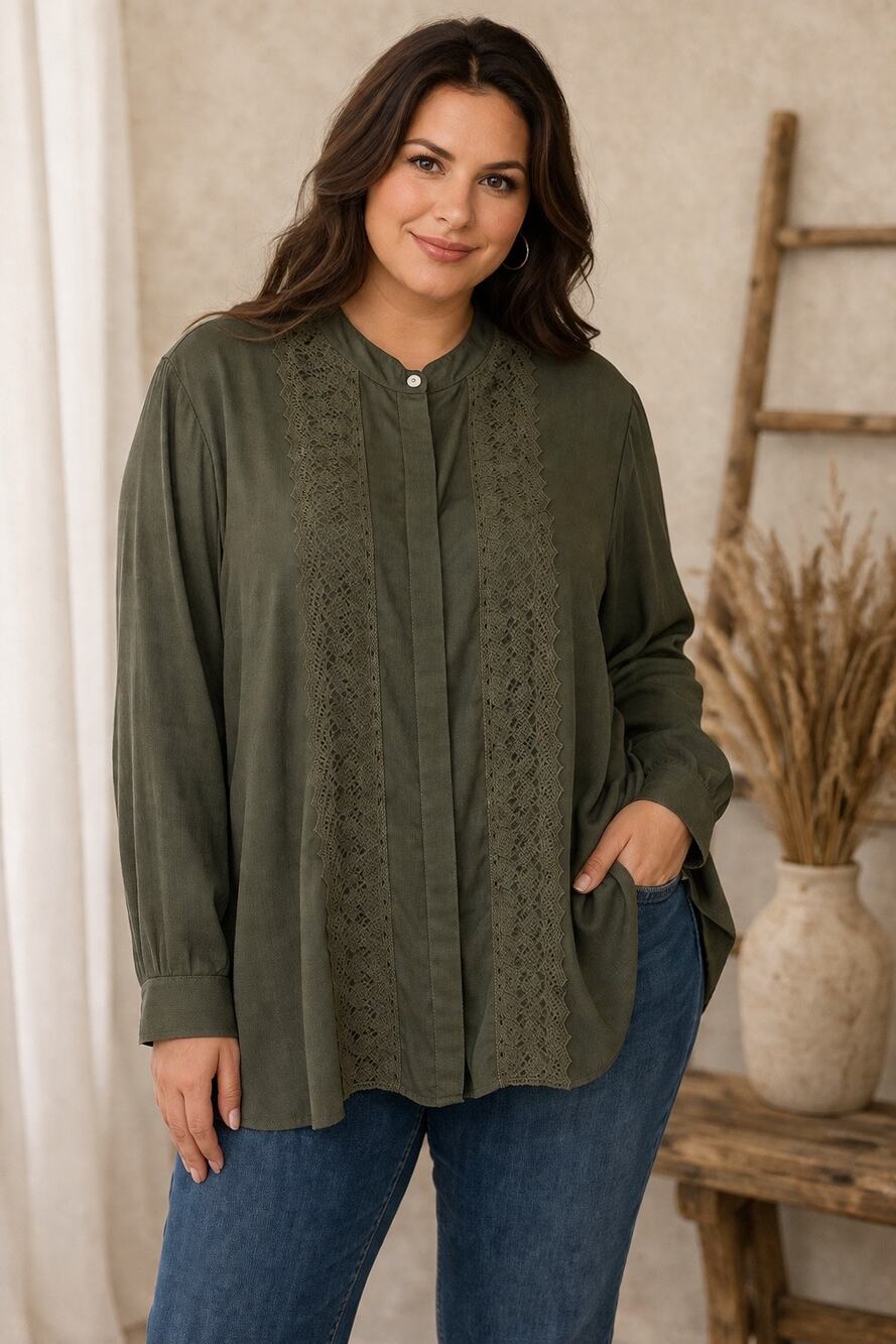 Coldwater Creek 1x Green Button Down New embellished Lace Trim Blouse